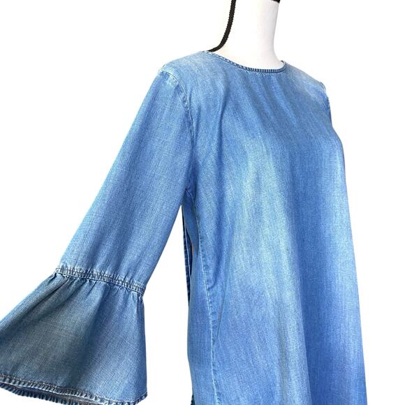 Cloth & Stone Anthropologie Chambray Dress Sz 3/4 Ruffle Sleeves Open Tie Back - Picture 6 of 16